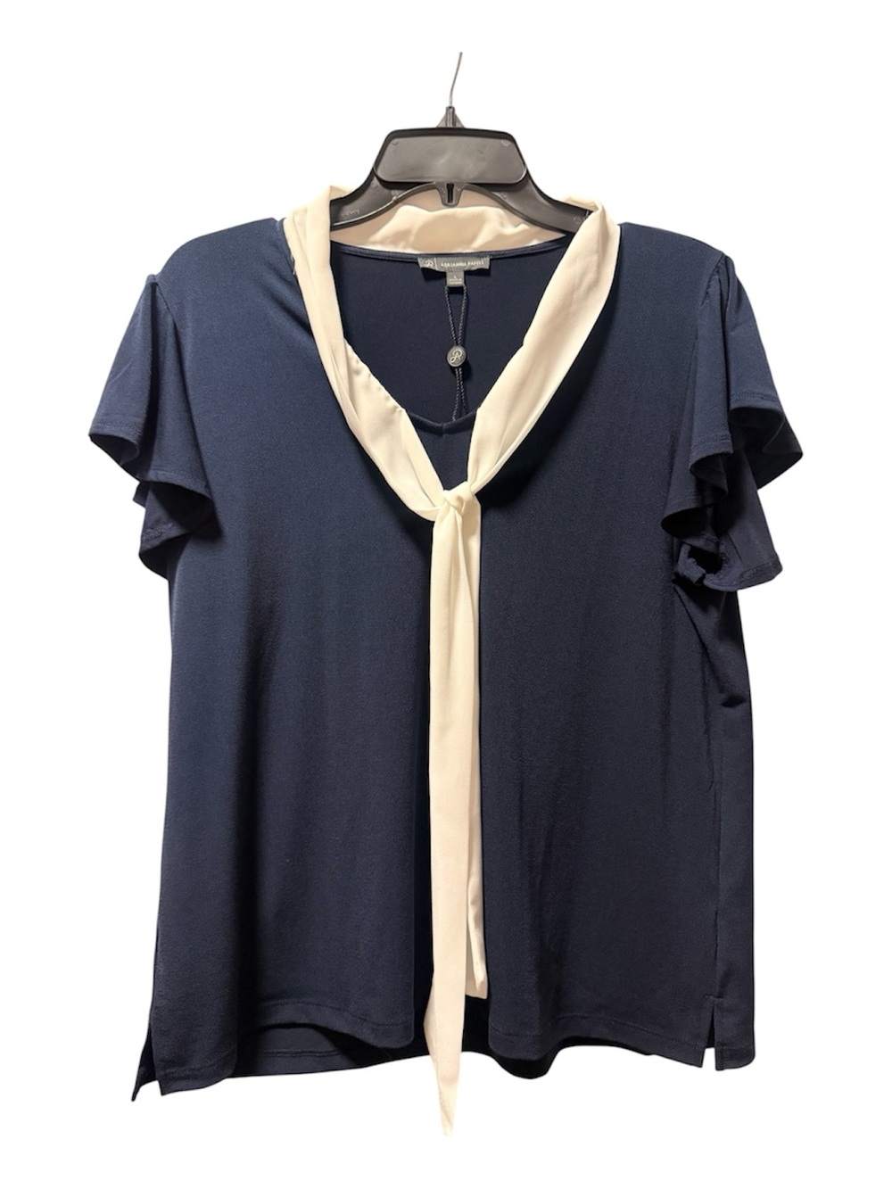 Adrianna Papell Navy Cream Scarf Tie Flutter Sleeve Top L - Picture 2 of 5